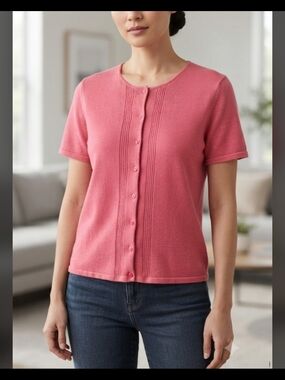 Cherokee Coral Pink Short-Sleeve Button Front Knit Top